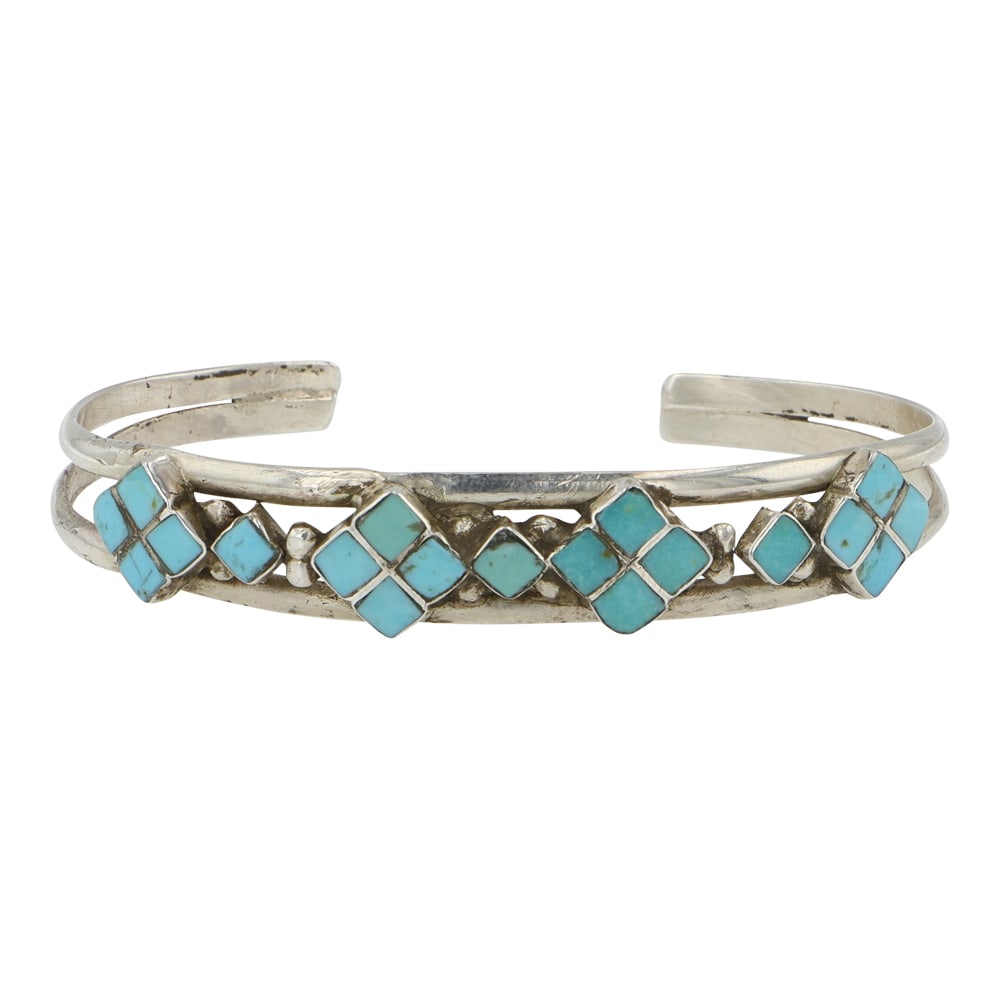 Zuni Sleeping Beauty Turquoise Inlay Bracelet: Sterling Silver | Genuine Sleeping Beauty Turquoise | Zuni Sleeping Beauty Turquoise Inlay Bracelet | Zuni Native American Southwest Indian Jewelry | Good (no breaks or damages) | Approximate Weight: 