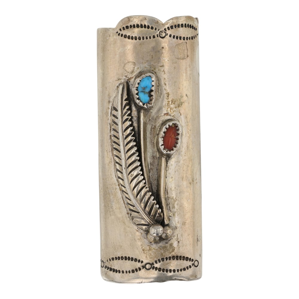 Vintage Navajo Turquoise & Coral Lighter Case: Sterling Silver | Genuine Turquoise & Coral | Vintage Navajo Turquoise & Coral Lighter Case | Navajo Native American Southwest Indian Jewelry | Good (no breaks or damages) | Approximate Weight: 27 Gra