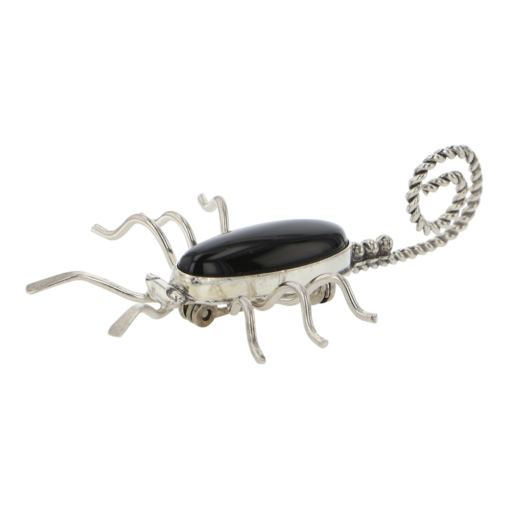 Navajo Black Onyx Scorpion Pin: Sterling Silver | Genuine Black Onyx | Navajo Black Onyx Scorpion Pin | Navajo Native American Southwest Indian Jewelry | Good (no breaks or damages) | Approximate Weight: 4 Grams | Pin: 2" x 1" |