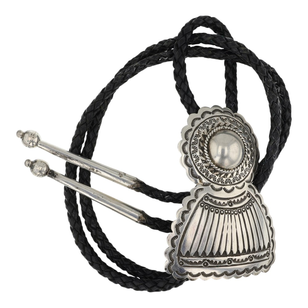 Vintage Navajo Plain Silver Stamp-Work Bolo Tie (1 of 3)