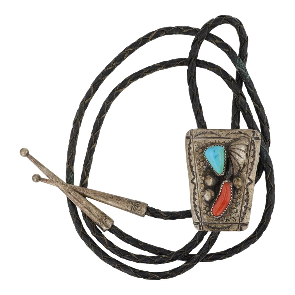 Vintage Navajo Turquoise & Coral Bolo Tie: Sterling Silver | Genuine Turquoise & Coral | Vintage Navajo Turquoise & Coral Bolo Tie | Navajo Native American Southwest Indian Jewelry | Good (no breaks or damages) | Approximate Weight: 30 Grams |