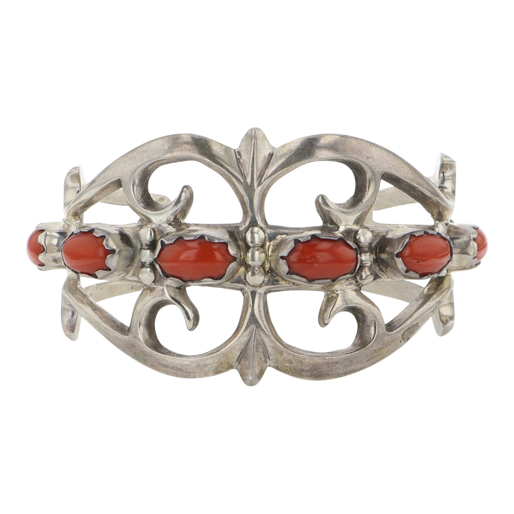 Vintage Navajo Mediterranean Corla Sandcast Bracelet: Sterling Silver | Genuine Mediterranean Coral | Vintage Navajo Mediterranean Corla Sandcast Bracelet | Navajo Native American Southwest Indian Jewelry | Good (no breaks or damages) | Approximate Weigh