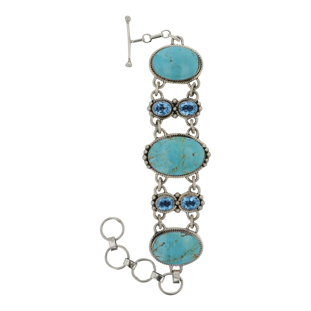 Navajo Turquoise & Topaz Link Bracelet: Sterling Silver | Genuine Turquoise & Topaz | Navajo Turquoise & Topaz Link Bracelet | Navajo Native American Southwest Indian Jewelry | Good (no breaks or damages) | Approximate Weight: 40 Grams | Br
