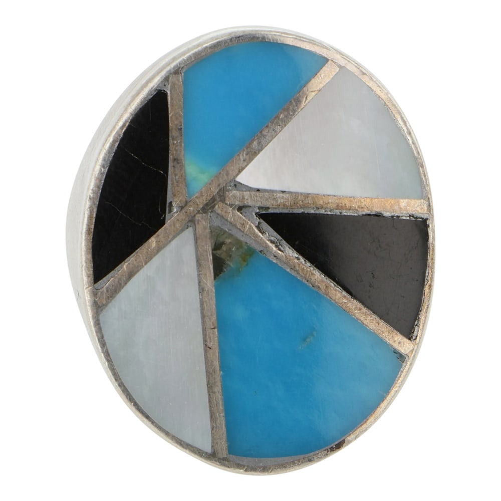 Vintage Zuni Turquoise Acoma Jet & Mother of Pearl Inlay Ring: Sterling Silver | Genuine Turquoise, Acoma Jet & Mother of Pearl | Vintage Zuni Turquoise Acoma Jet & Mother of Pearl Inlay Ring | Zuni Native American Southwest Indian Jewelry | Good (no breaks or da