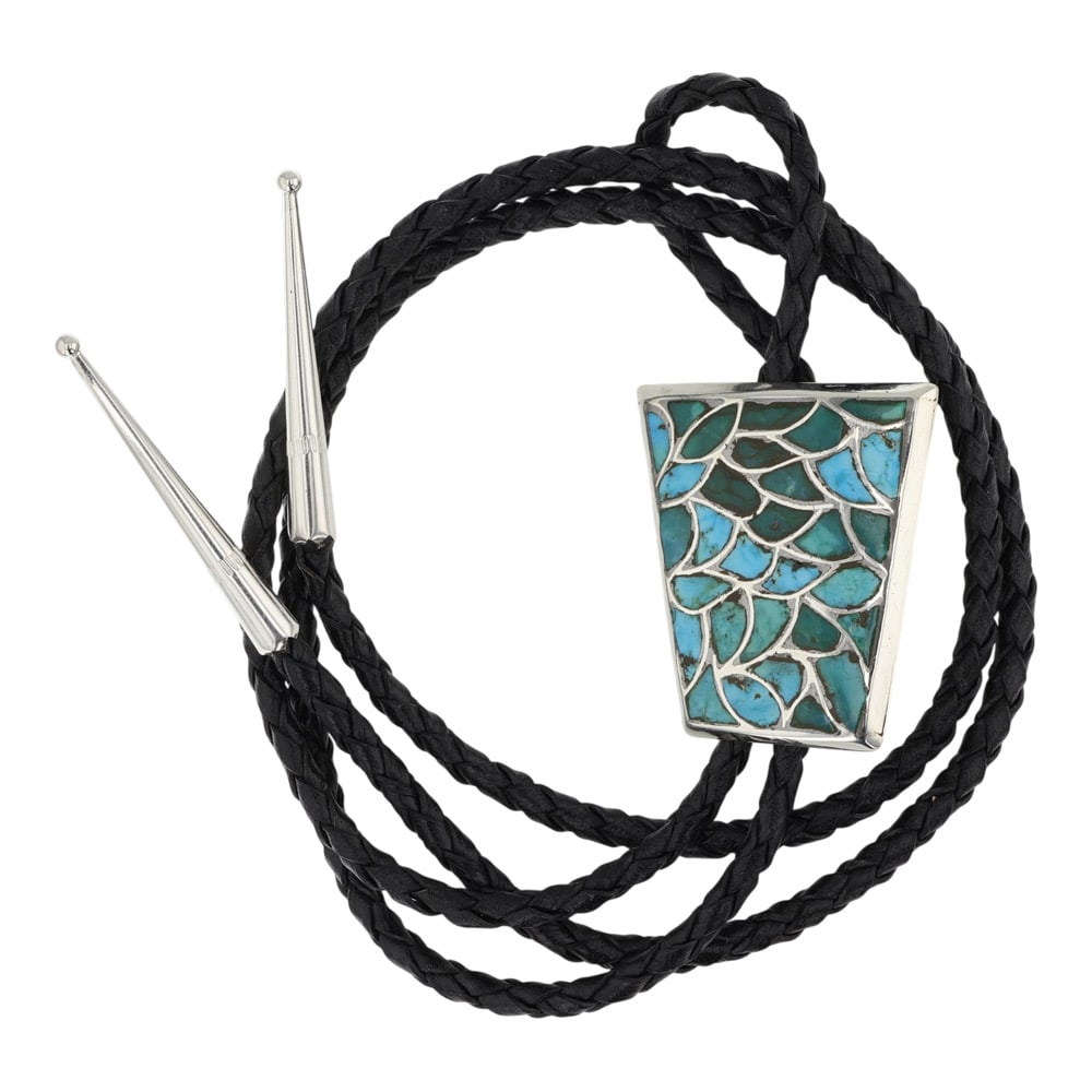Zuni Kingman Turquoise Inlay Bolo Tie: Sterling Silver | Genuine Kingman Turquoise | Zuni Kingman Turquoise Inlay Bolo Tie | Zuni Native American Southwest Indian Jewelry | Good (no breaks or damages) | Approximate Weight: 27 Grams | Bolo:
