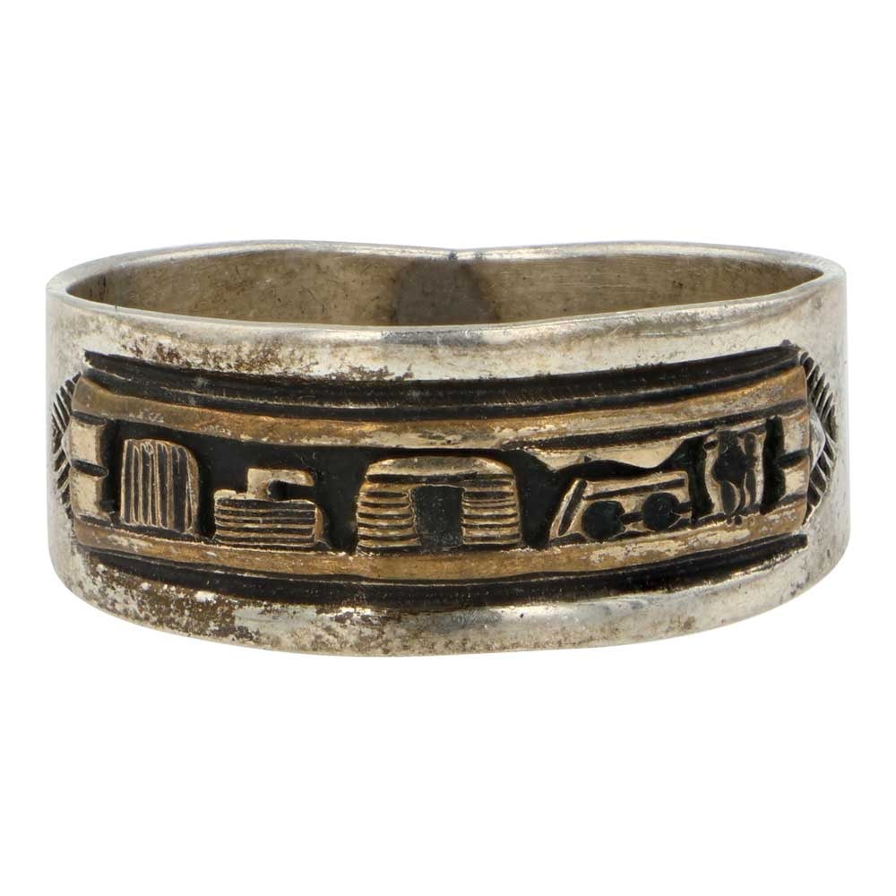 Navajo Sterling Silver & Gold Filled Story Teller Ring: Sterling Silver | | Navajo Sterling Silver & Gold Filled Story Teller Ring | Navajo Native American Southwest Indian Jewelry | Good (no breaks or damages) | Approximate Weight:5 Grams | Ring: 14 size,