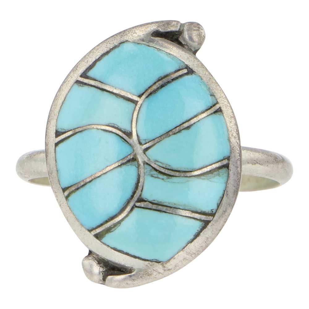 Zuni Turquoise Inlay Ring: Sterling Silver | Genuine Turquoise | Zuni Turquoise Inlay Ring | Zuni Native American Southwest Indian Jewelry | Good (no breaks or damages) | Approximate Weight:2 Grams | Ring: 6 size, .5" x .25" fa