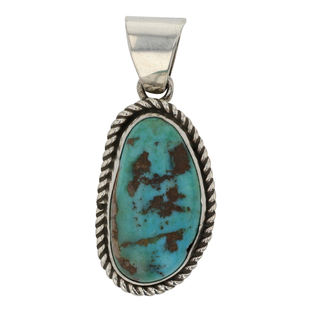 Micah Nelson Navjao Kingman Turquoise Pendant: Sterling Silver | Genuine Kingman Turquoise | Micah Nelson Navjao Kingman Turquoise Pendant | Navajo Native American Southwest Indian Jewelry | Good (no breaks or damages) | Approximate Weight: 9 Gram