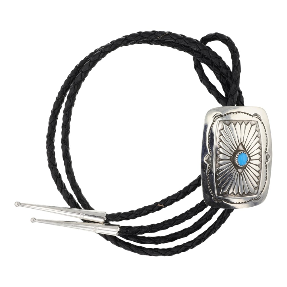 Navajo Kingman Turquoise Bolo Tie: Sterling Silver | Genuine Kingman Turquoise | Navajo Kingman Turquoise Bolo Tie | Navajo Native American Southwest Indian Jewelry | Good (no breaks or damages) | Approximate Weight: 22 Grams | Bolo: 1