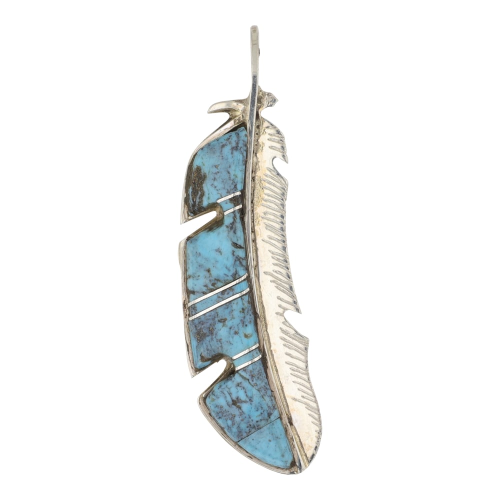 Tyrie Panteah Zuni Camptios Turquoise Inlay Feather Pendant: Sterling Silver | Genuine Campitos Turquoise | Tyrie Panteah Zuni Camptios Turquoise Inlay Feather Pendant | Navajo Native American Southwest Indian Jewelry | Good (no breaks or damages) | Approximate