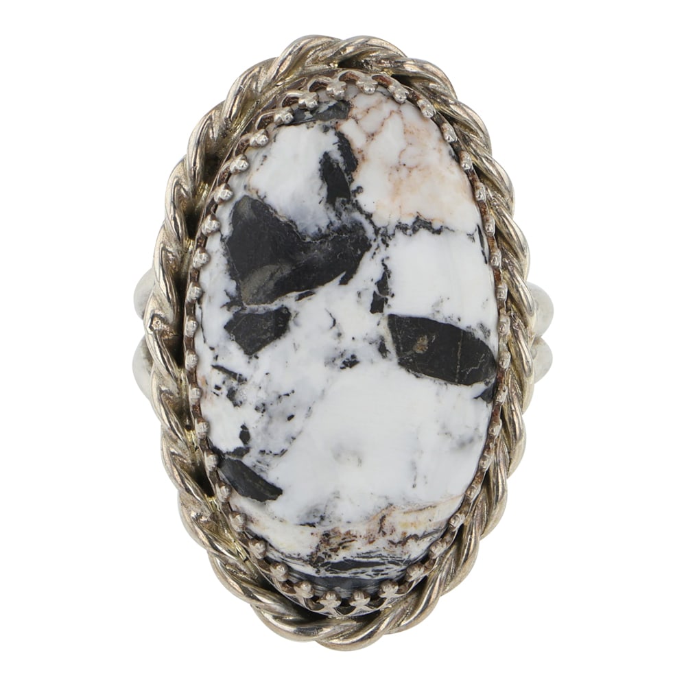 Navajo White Buffalo Adjustable Ring: Sterling Silver | Genuine White Buffalo | Navajo White Buffalo Adjustable Ring | Navajo Native American Southwest Indian Jewelry | Good (no breaks or damages) | Approximate Weight: 12 Grams | Ring: 10
