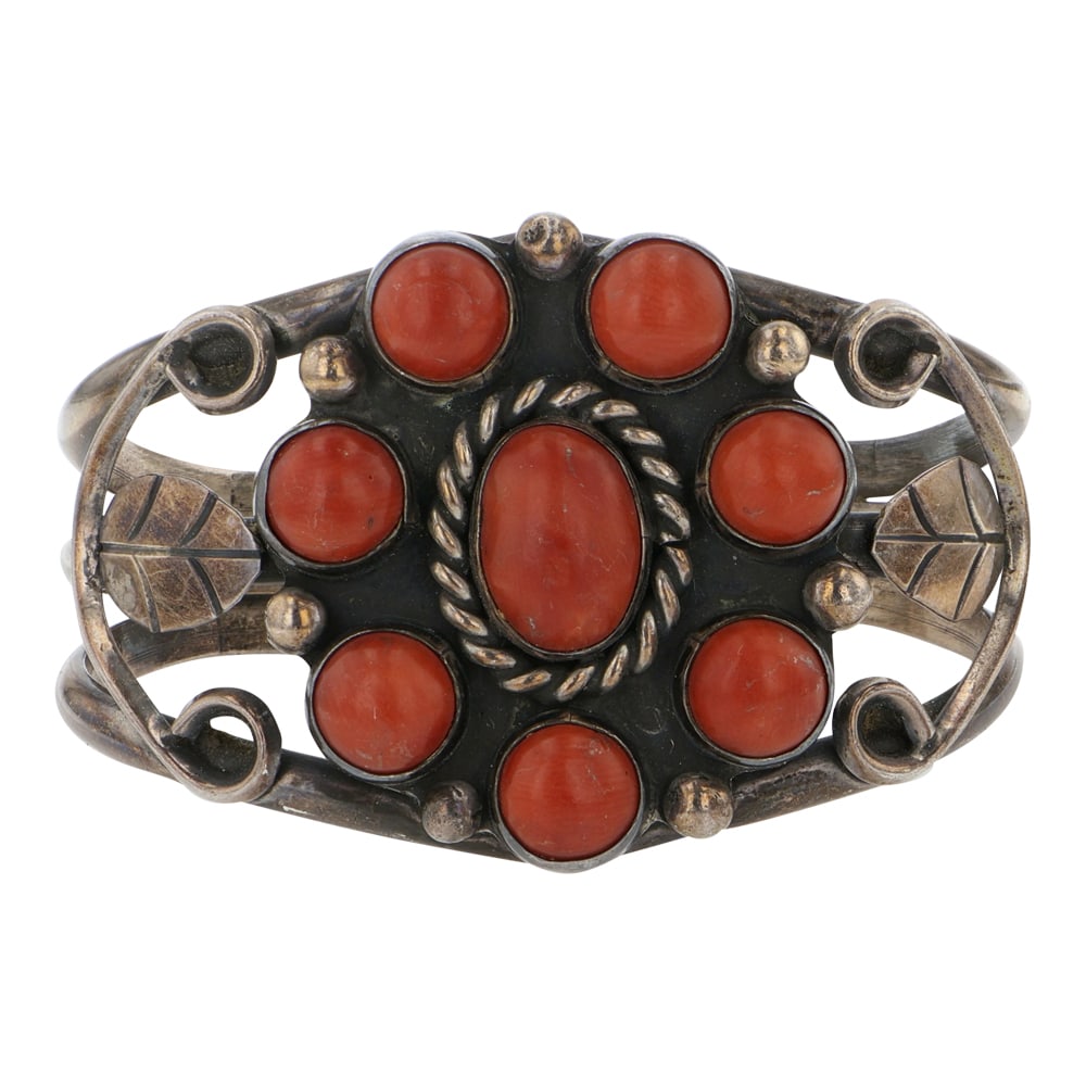 Vintage Navajo Mediterranean Coral Cluster Bracelet: Sterling Silver | Genuine Mediterranean Coral | Vintage Navajo Mediterranean Coral Cluster Bracelet | Navajo Native American Southwest Indian Jewelry | Good (no breaks or damages) | Approximate Weight