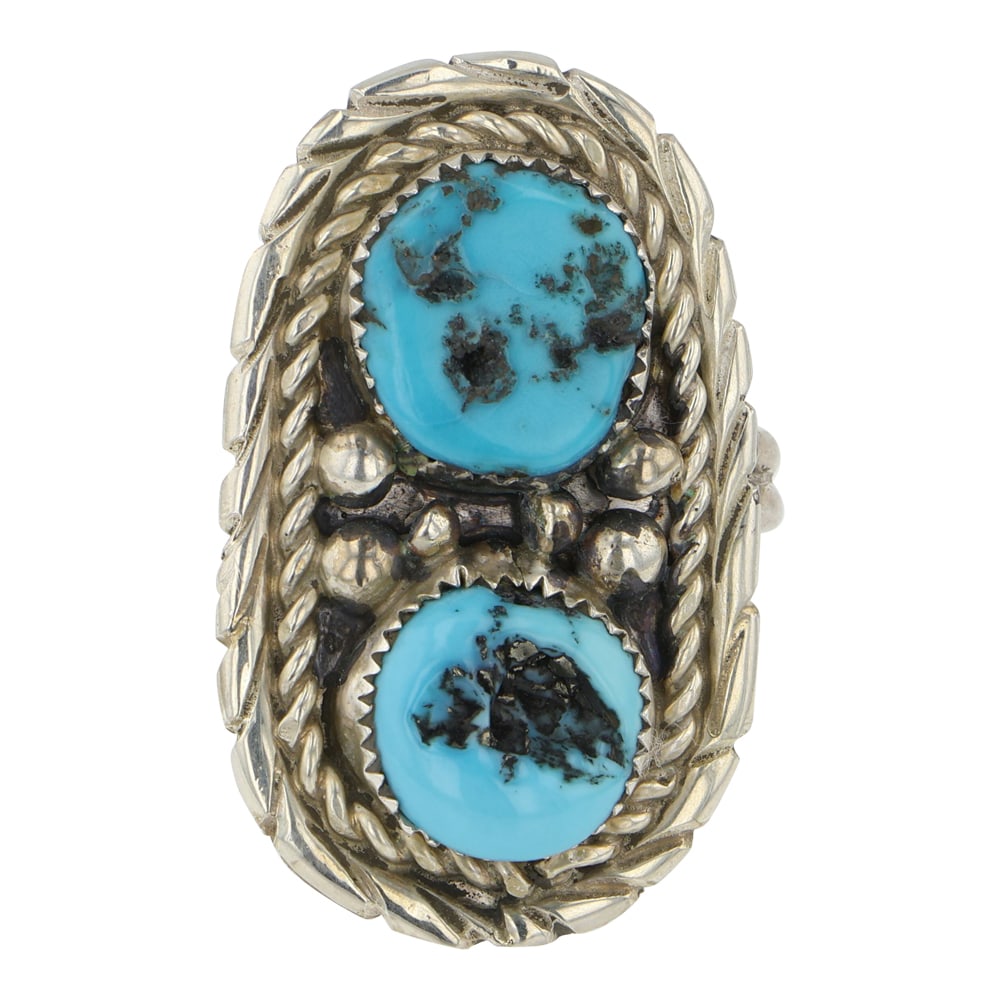 Navajo Kingman Turquoise Two Stone Adjustable Ring: Sterling Silver | Genuine Kingman Turquoise | Navajo Kingman Turquoise Two Stone Adjustable Ring | Navajo Native American Southwest Indian Jewelry | Good (no breaks or damages) | Approximate Weight: 1