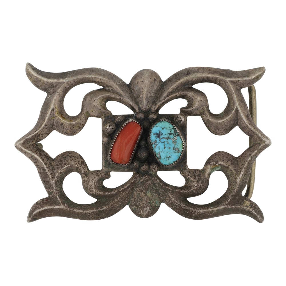 Vintage Navajo Turquoise & Coral Sandcast Belt Buckle: Sterling Silver | Genuine Turquoise & Coral | Vintage Navajo Turquoise & Coral Sandcast Belt Buckle | Navajo Native American Southwest Indian Jewelry | Good (no breaks or damages) | Approximate Weight