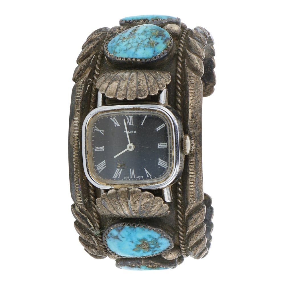 Orville Tsinnie (1943-2017) Vintage Award Winning Navajo Artist Morenci Turquoise Watch Bracelet: Sterling Silver | Genuine Morenci Turquoise | Orville Tsinnie (1943-2017) Vintage Award Winning Navajo Artist Morenci Turquoise Watch Bracelet | Navajo Native American Southwest Indian Jewelry | Fair 