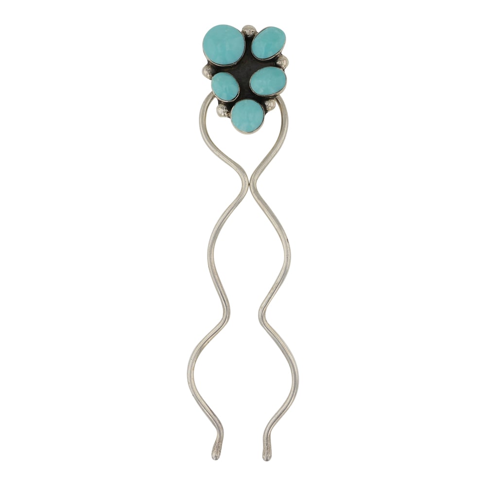 RB Navajo Campitos Turquoise Hair Tie: Sterling Silver | Genuine Campitos Turquoise | RB Navajo Campitos Turquoise Hair Tie | Navajo Native American Southwest Indian Jewelry | Good (no breaks or damages) | Approximate Weight: 8 Grams | Hai