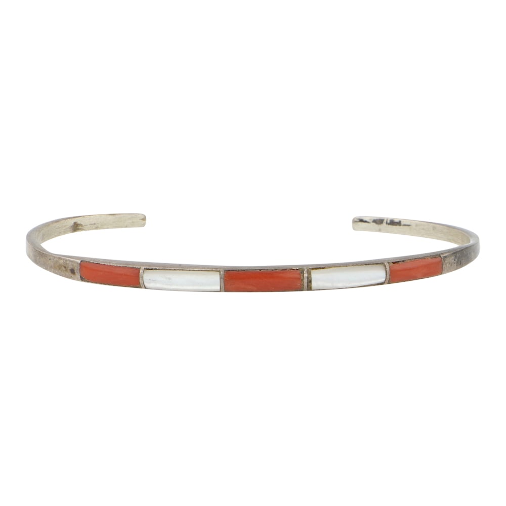 Vintage Zuni Turquoise & Mother of Pearl Inlay Bracelet: Sterling Silver | Genuine Turquoise & Mother of Pearl | Vintage Zuni Turquoise & Mother of Pearl Inlay Bracelet | Zuni Native American Southwest Indian Jewelry | Good (no breaks or damages) | Approxim