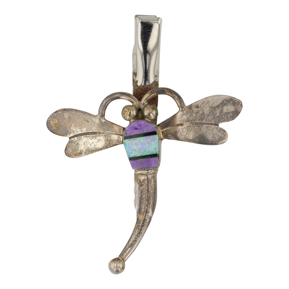 Navajo Charoite & Synthetic Opal Inlay Dragonfly Tie Clip: Sterling Silver | Genuine Charoite & Synthetic Opal | Navajo Charoite & Synthetic Opal Inlay Dragonfly Tie Clip | Navajo Native American Southwest Indian Jewelry | Good (no breaks or damages) | Approx