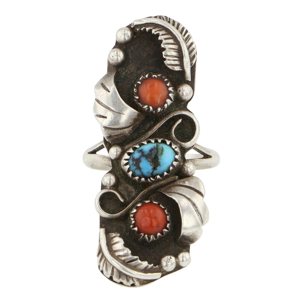 Vintage Navajo Turquoise & Coral Three Stone Ring (1 of 3)