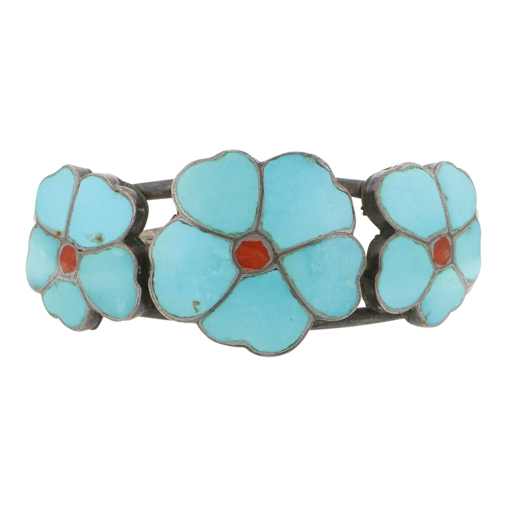 Vintage Zuni Turquoise & Coral Inlay Bracelet: Sterling Silver | Genuine Turquoise & Coral | Vintage Zuni Turquoise & Coral Inlay Bracelet | Navajo Native American Southwest Indian Jewelry | Good (no breaks or damages) | Approximate Weight: 35 Gra