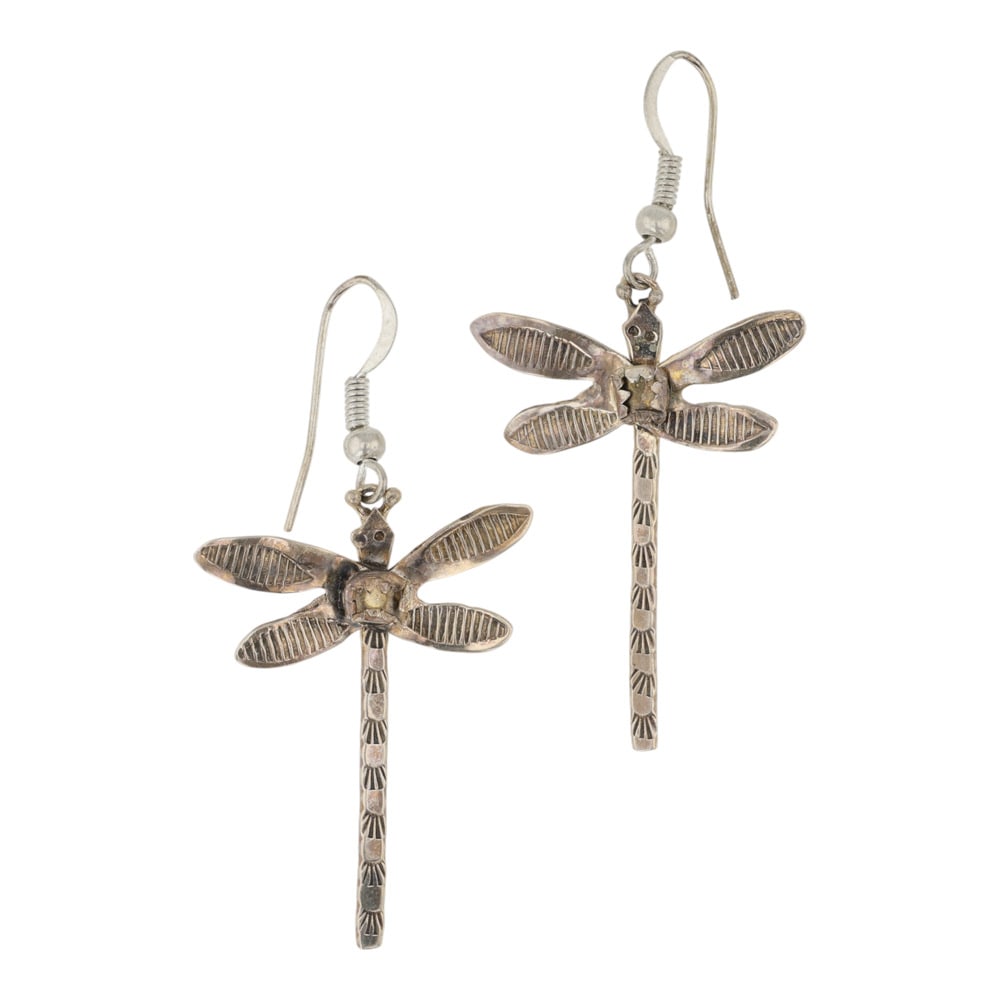 Vintage Navajo Dragonfly Earrings: Sterling Silver | | Vintage Navajo Dragonfly Earrings | Navajo Native American Southwest Indian Jewelry | Good (no breaks or damages) | Approximate Weight: 2 Grams | Earrings: 1.5" x 1" each |