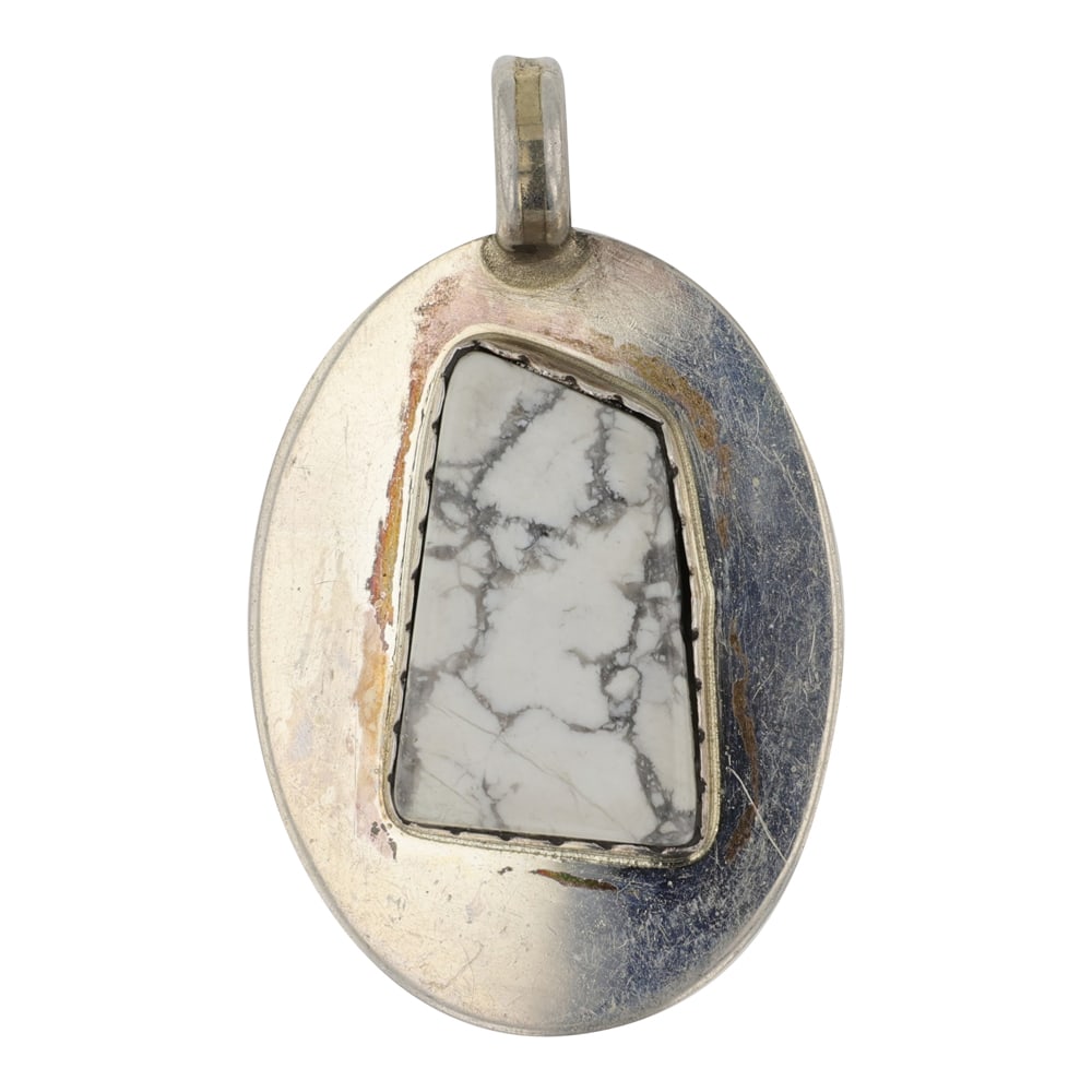 Navajo Howlite Pendant: Sterling Silver | Howlite | Navajo Howlite Pendant | Navajo Native American Southwest Indian Jewelry | Good (no breaks or damages) | Approximate Weight: 7 Grams | Pendant: 1.75" x 1" | Signed: AMC