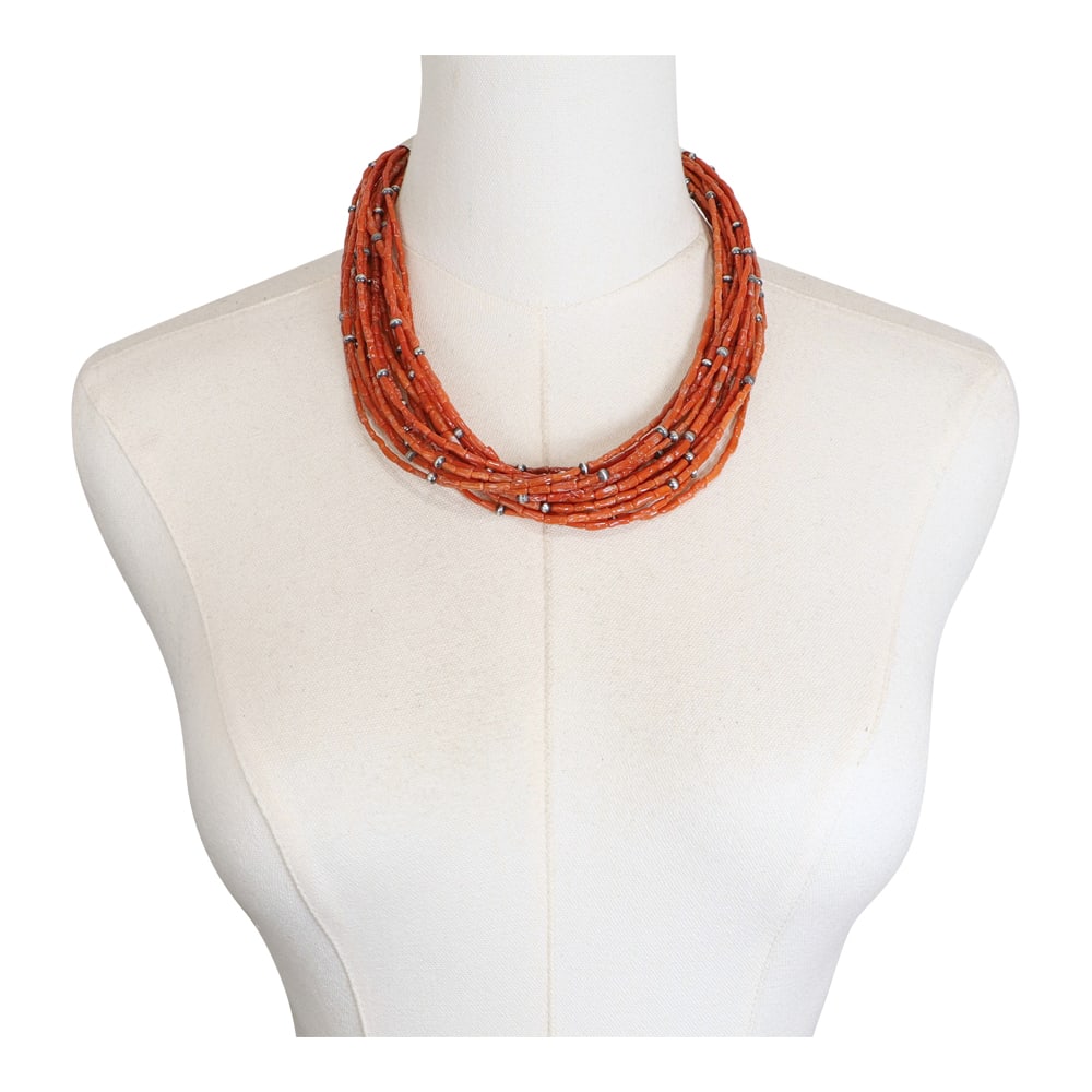 Navajo 15 Strand Mediterranean Coral & Oxidized Beads Necklace: Sterling Silver | Genuine Mediterranean Coral | Navajo 15 Strand Mediterranean Coral & Oxidized Beads Necklace | Navajo Native American Southwest Indian Jewelry | Good (no breaks or damages) | Approxi