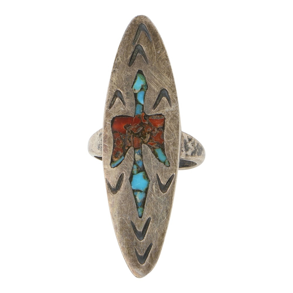 Vintage Navajo Turquoise & Coral Chip Inlay Petite Bird Ring: Sterling Silver | Genuine Turquoise & Coral | Vintage Navajo Turquoise & Coral Chip Inlay Petite Bird Ring | Navajo Native American Southwest Indian Jewelry | Good (no breaks or damages) | Approximate