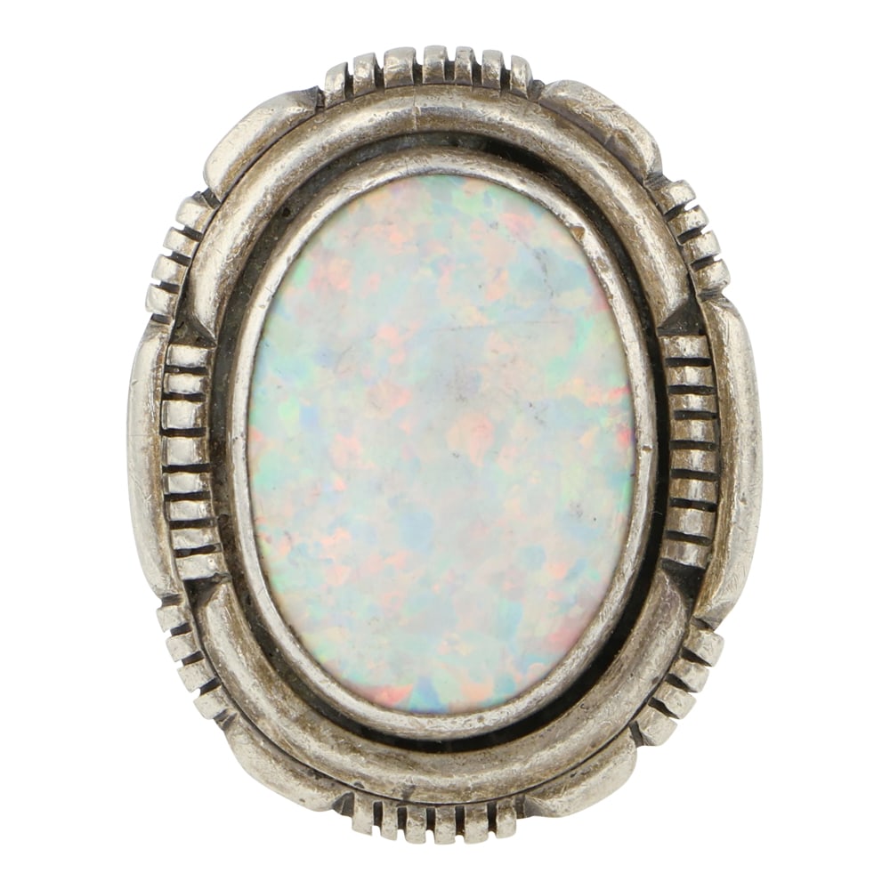 RB Navajo Synthetic Opal Ring: Sterling Silver | Synthetic Opal | RB Navajo Synthetic Opal Ring | Navajo Native American Southwest Indian Jewelry | Good (no breaks or damages) | Approximate Weight: 10 Grams | Ring: 6 size, 1" x .75