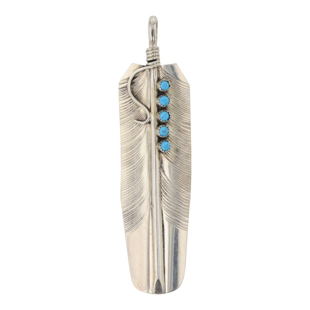 Navajo Kingman Turquoise Feather Pendant: Sterling Silver | Genuine Kingman Turquoise | Navajo Kingman Turquoise Feather Pendant | Navajo Native American Southwest Indian Jewelry | Good (no breaks or damages) | Approximate Weight: 8 Grams | P