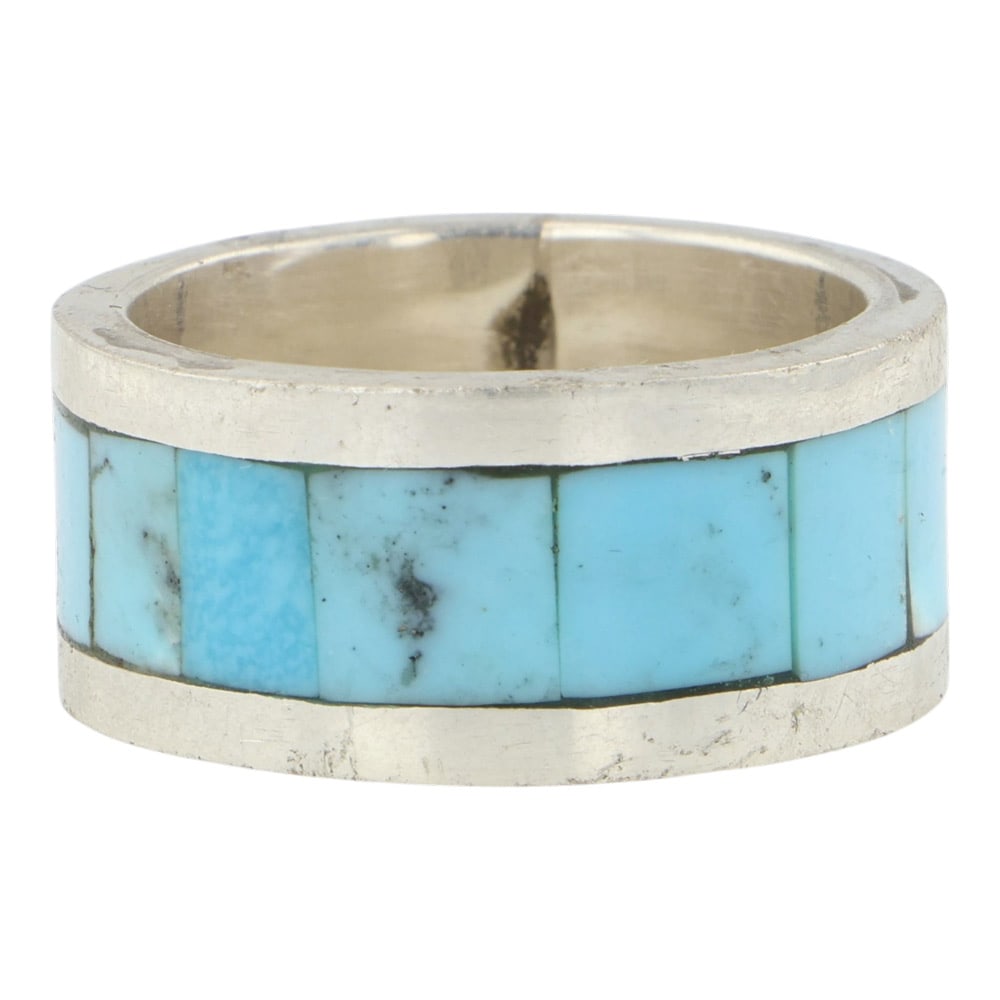 Zuni Campitos Turquoise Inlay Ring: Sterling Silver | Genuine Campitos Turquoise | Zuni Campitos Turquoise Inlay Ring | Zuni Native American Southwest Indian Jewelry | Good (no breaks or damages) | Approximate Weight: 8 Grams | Ring: 9 