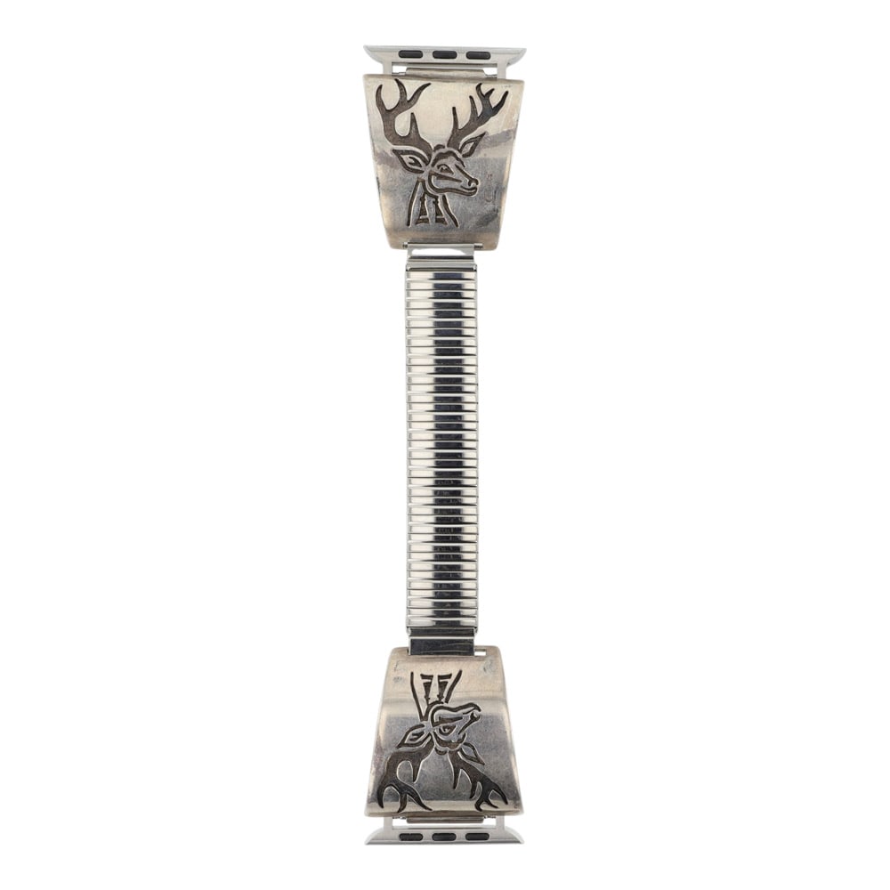 Hopi Elk Design Watch Bracelet With Apple Watch Adapter: Sterling Silver | | Hopi Elk Design Watch Bracelet With Apple Watch Adapter | Hopi Native American Southwest Indian Jewelry | Good (no breaks or damages) | Approximate Weight: 53 Grams | Watch Band: 7