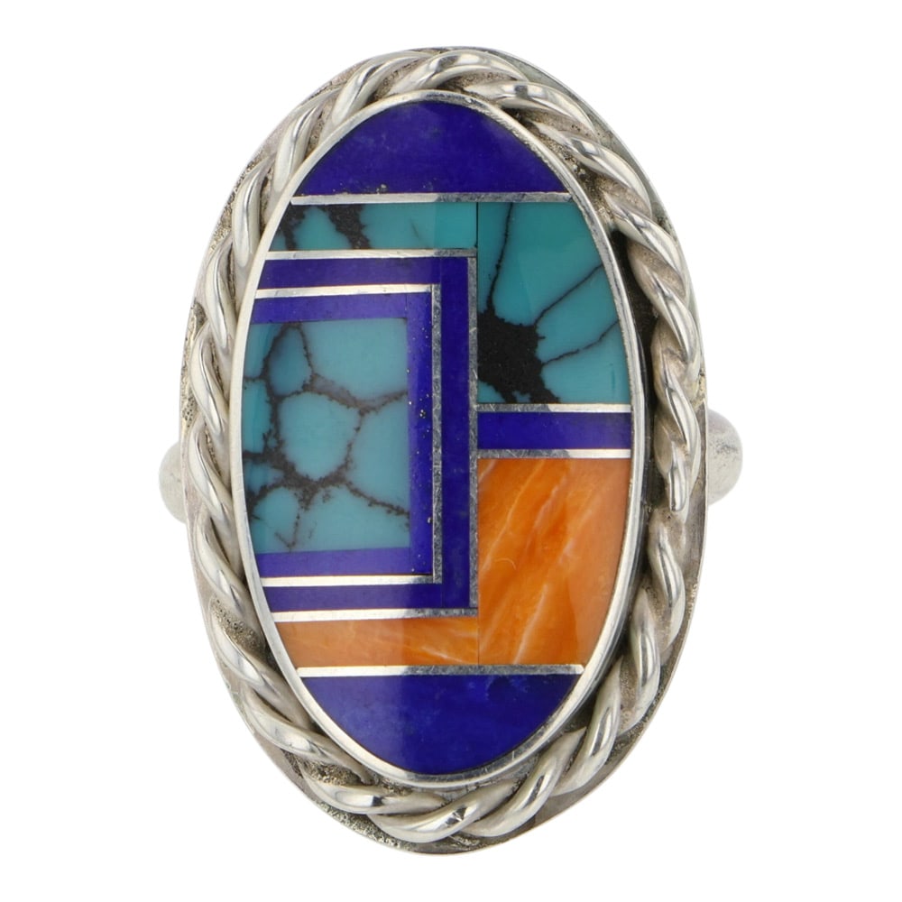 Navajo Turquoise Spiny Oyster & lapis Inlay Ring: Sterling Silver | Genuine Turquoise, Spiny Oyster & Lapis | Navajo Turquoise Spiny Oyster & lapis Inlay Ring | Navajo Native American Southwest Indian Jewelry | Good (no breaks or damages) | Approxima