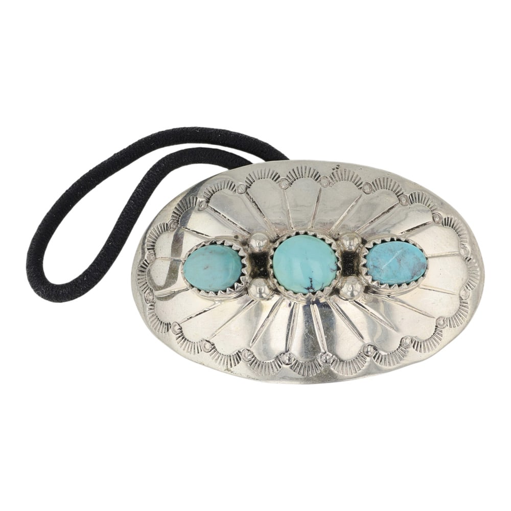 Wilson Padilla Navjao Campitos Turquoise Pony Tail Hair Tie: Sterling Silver | Genuine Campitos Turquoise | Wilson Padilla Navjao Campitos Turquoise Pony Tail Hair Tie | Navajo Native American Southwest Indian Jewelry | Good (no breaks or damages) |