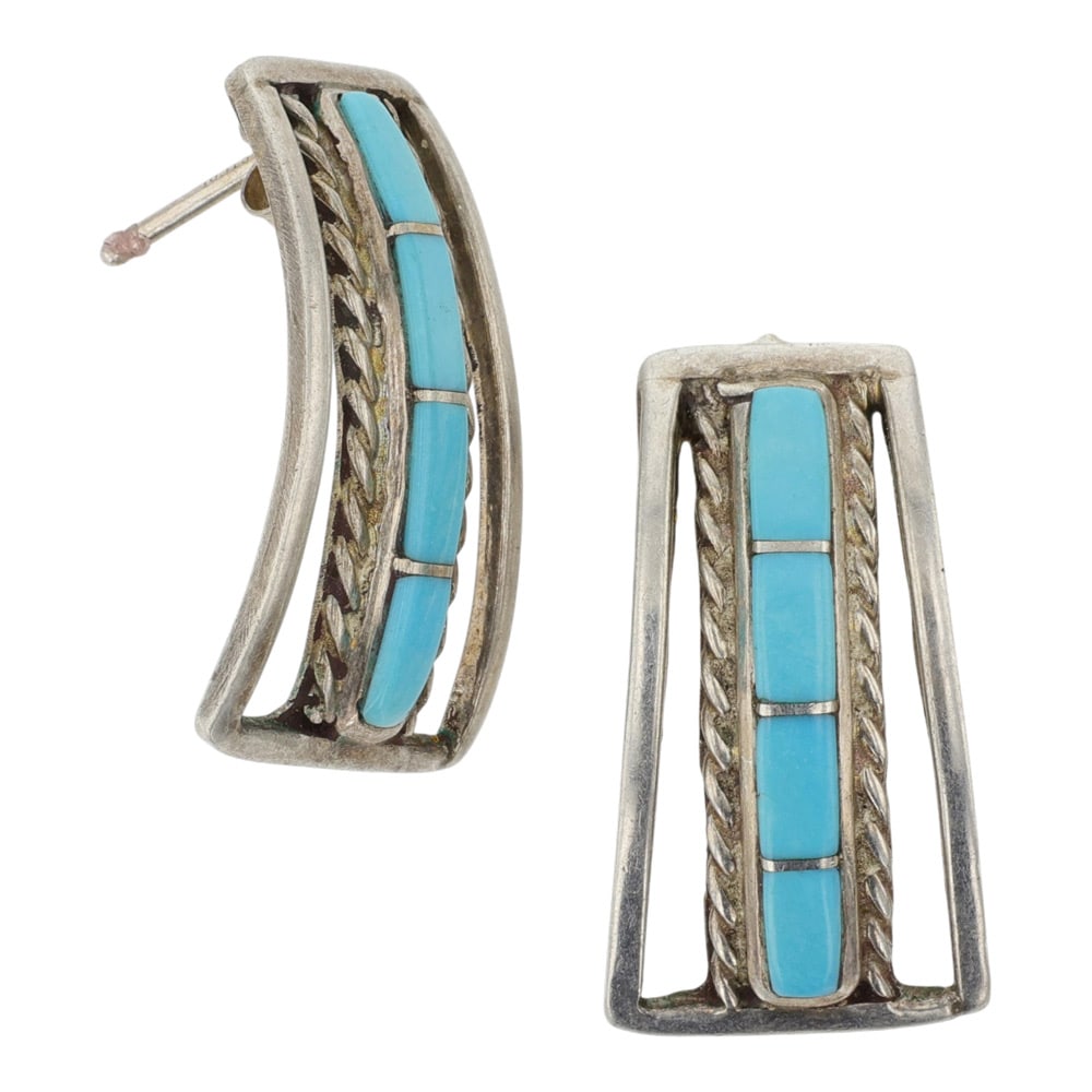 Zuni Turquoise Inlay Earrings: Sterling Silver | Genuine Turquoise | Zuni Turquoise Inlay Earrings | Zuni Native American Southwest Indian Jewelry | Good (no breaks or damages) | Approximate Weight: 6 Grams | Earrings: 1" x .5"