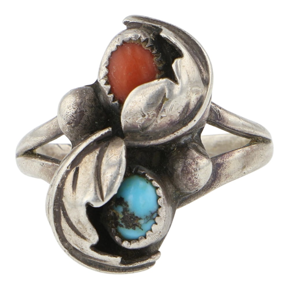 Vintage Navajo Turquoise & Coral Two Stone Ring: Sterling Silver | Genuine Turquoise & Coral | Vintage Navajo Turquoise & Coral Two Stone Ring | Navajo Native American Southwest Indian Jewelry | Good (no breaks or damages) | Approximate Weight: 5 Gr