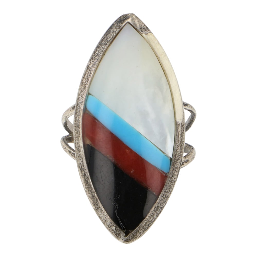 Zuni Turquoise Coral Mother of Pearl & Jet Inlay Ring: Sterling Silver | Genuine Turquoise Coral & Mother of Pearl | Zuni Turquoise Coral Mother of Pearl & Jet Inlay Ring | Zuni Native American Southwest Indian Jewelry | Good (no breaks or damages) | Appr