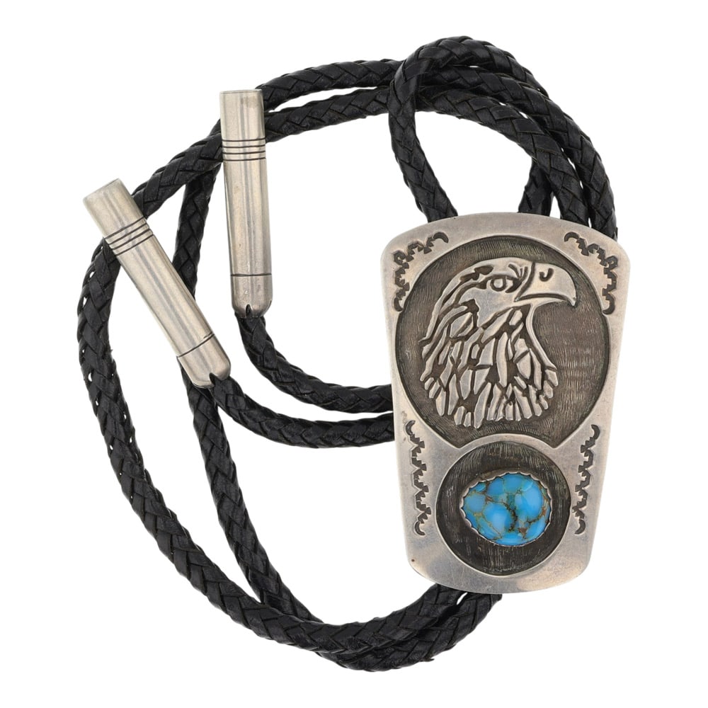 Steve Grant Navajo Pilot Mountain Turquoise Eagle Bolo Tie: Sterling Silver | Genuine Pilot Mountain Turquoise | Steve Grant Navajo Pilot Mountain Turquoise Eagle Bolo Tie | Navajo Native American Southwest Indian Jewelry | Good (no breaks or damages) | Approx