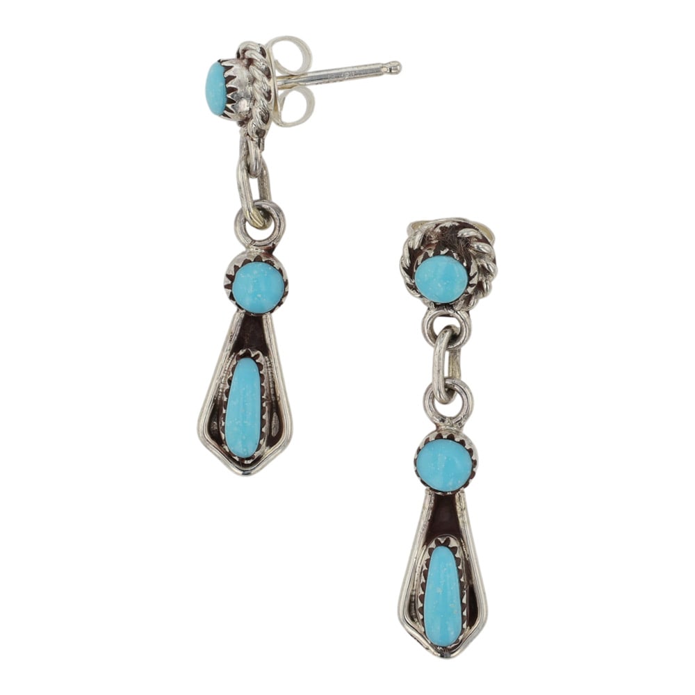 Zuni Kingman Turquoise Earrings: Sterling Silver | Genuine Kingman Turquoise | Zuni Kingman Turquoise Earrings | Zuni Native American Southwest Indian Jewelry | Good (no breaks or damages) | Approximate Weight: 2 Grams | Earrings: 1"