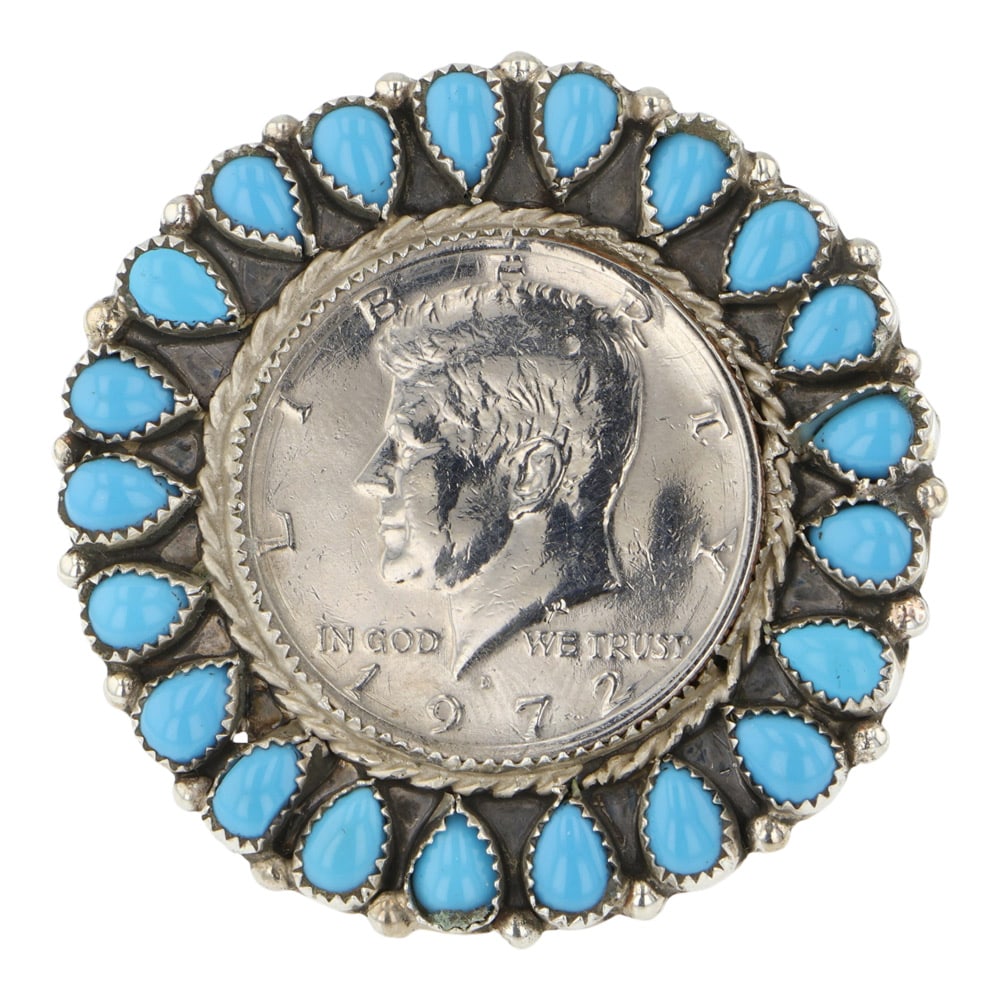 Navajo Turquoise & Kennedy Half Dollar Cluster Ring: Sterling Silver | Genuine Turquoise | Navajo Turquoise & Kennedy Half Dollar Cluster Ring | Navajo Native American Southwest Indian Jewelry | Good (no breaks or damages) | Approximate Weight: 28 Grams