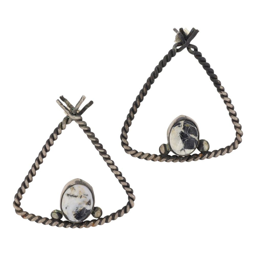 Navajo White Buffalo Teepee Earrings: Sterling Silver | Genuine White Buffalo | Navajo White Buffalo Teepee Earrings | Navajo Native American Southwest Indian Jewelry | Good (no breaks or damages) | Approximate Weight: 8 Grams | Earrings:
