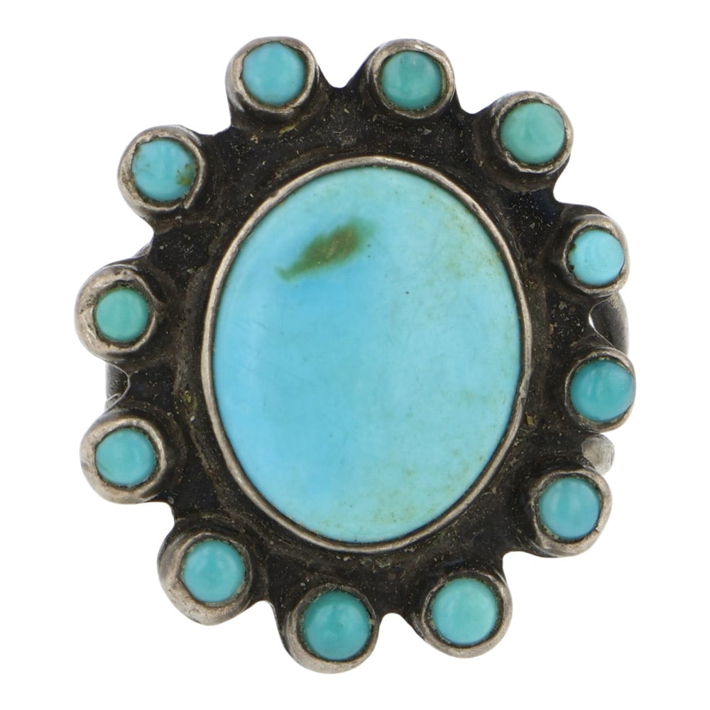 Vintage Navajo Turquoise Cluster Ring: Sterling Silver | Genuine Turquoise | Vintage Navajo Turquoise Cluster Ring | Navajo Native American Southwest Indian Jewelry | Good (no breaks or damages) | Approximate Weight: 7 Grams | Ring: 5 size