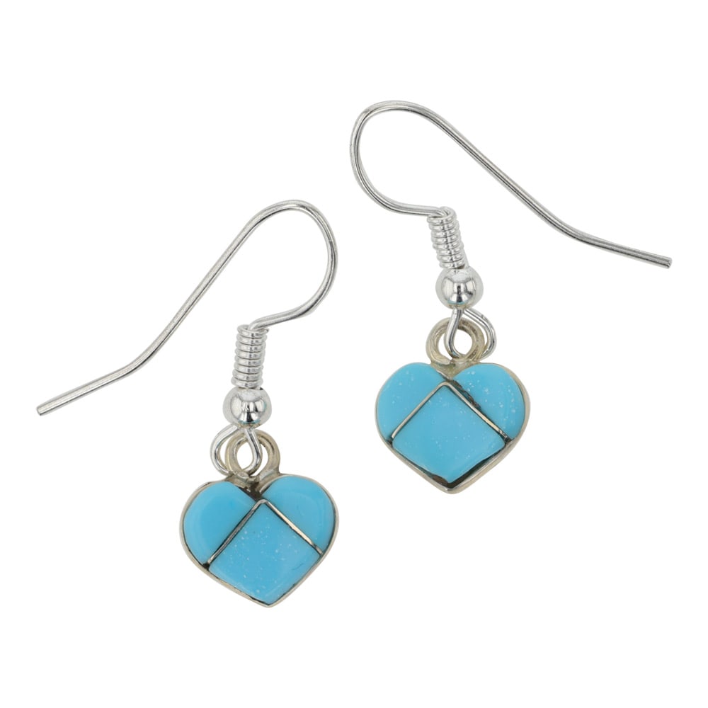 Zuni Turquoise Inlay Heart Earrings: Sterling Silver | Genuine Turquoise | Zuni Turquoise Inlay Heart Earrings | Zuni Native American Southwest Indian Jewelry | Good (no breaks or damages) | Approximate Weight: 1 Grams | Earrings: .5" x 