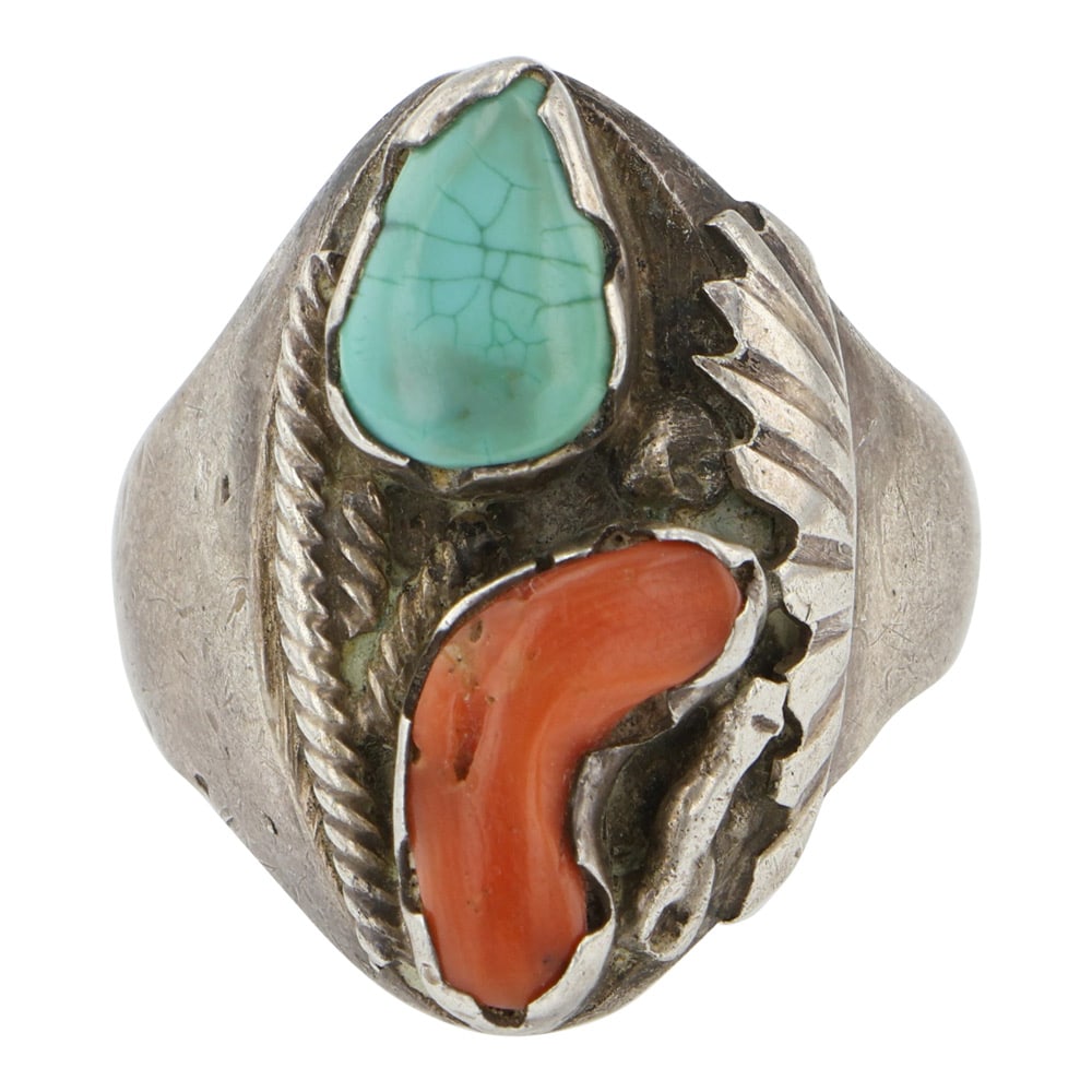 Vintage Navajo Turquoise & Coral Men's Ring: Sterling Silver | Genuine Turquoise & Coral | Vintage Navajo Turquoise & Coral Men's Ring | Navajo Native American Southwest Indian Jewelry | Good (no breaks or damages) | Approximate Weight: 13 Grams