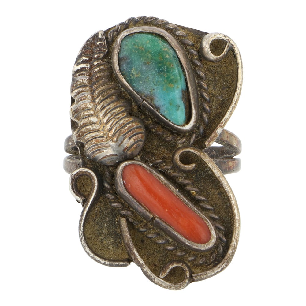 Vintage Navajo Turquoise & Coral Ring: Sterling Silver | Genuine Turquoise & Coral | Vintage Navajo Turquoise & Coral Ring | Navajo Native American Southwest Indian Jewelry | Good (no breaks or damages) | Approximate Weight: 5 Grams | Ring
