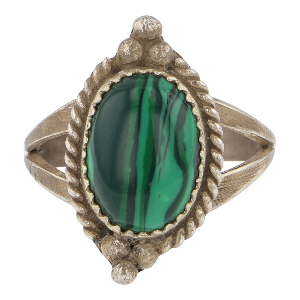 Navajo Malachite Ring: Sterling Silver | Genuine Malachite | Navajo Malachite Ring | Navajo Native American Southwest Indian Jewelry | Good (no breaks or damages) | Approximate Weight: 5 Grams | Ring: 9.5 size, 1" x .5" fac