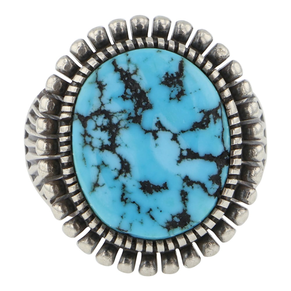 Kirk Smith ( 1957-2012) Award winning Navajo Artist Spiderweb Kingamn Turquoise Ring: Sterling Silver | Genuine Kingman Turquoise | Kirk Smith ( 1957-2012) Award winning Navajo Artist Spiderweb Kingamn Turquoise Ring | Navajo Native American Southwest Indian Jewelry | Good (no breaks o