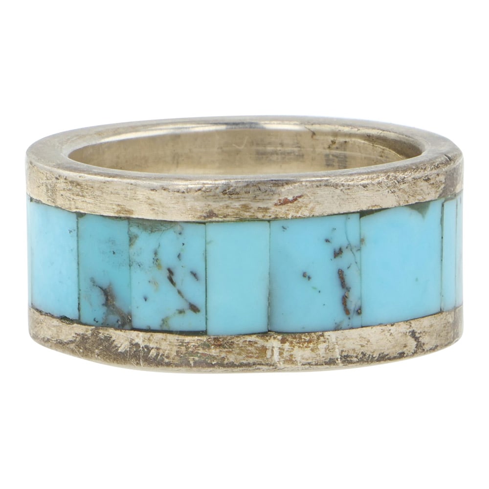Zuni Turquoise Inlay Ring: Sterling Silver | Genuine Turquoise | Zuni Turquoise Inlay Ring | Zuni Native American Southwest Indian Jewelry | Good (no breaks or damages) | Approximate Weight: 7 Grams | Ring: 7 size, .5" face | S