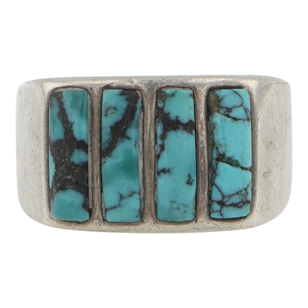 Navajo Turquoise Inlay Ring: Sterling Silver | Genuine Turquoise | Navajo Turquoise Inlay Ring | Navajo Native American Southwest Indian Jewelry | Good (no breaks or damages) | Approximate Weight: 8 Grams | Ring: 7.5 size, .75" x
