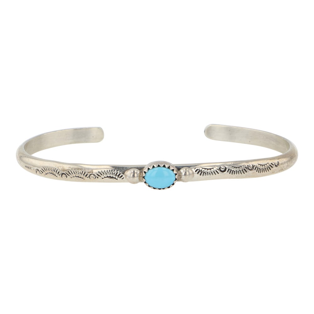 Navajo Kingman Turquoise Stamp-Work Bracelet: Sterling Silver | Genuine Kingman Turquoise | Navajo Kingman Turquoise Stamp-Work Bracelet | Navajo Native American Southwest Indian Jewelry | Good (no breaks or damages) | Approximate Weight: 11 Gram